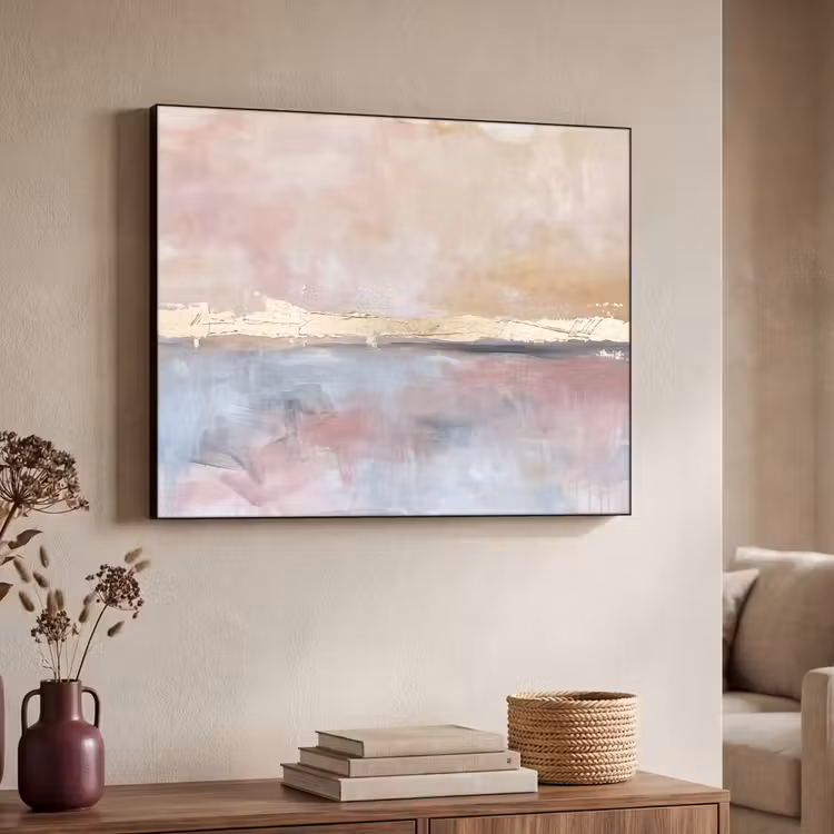 Abstract - Horizontaal - Kunst - Roze - Goud Textielframe zwart klein -sfeer3