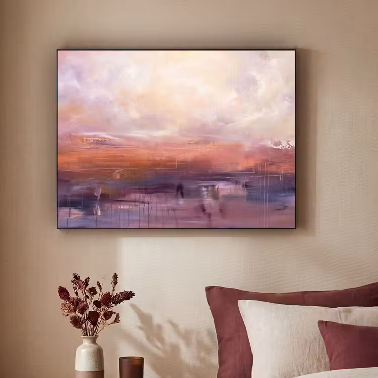 Abstract - Landschap - Modern - Paars - Oranje Textielframe zwart klein -sfeer1