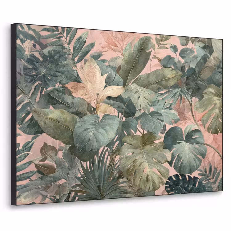 Compositie van bladeren - Groen - Roze Textielframe zwart klein -3d