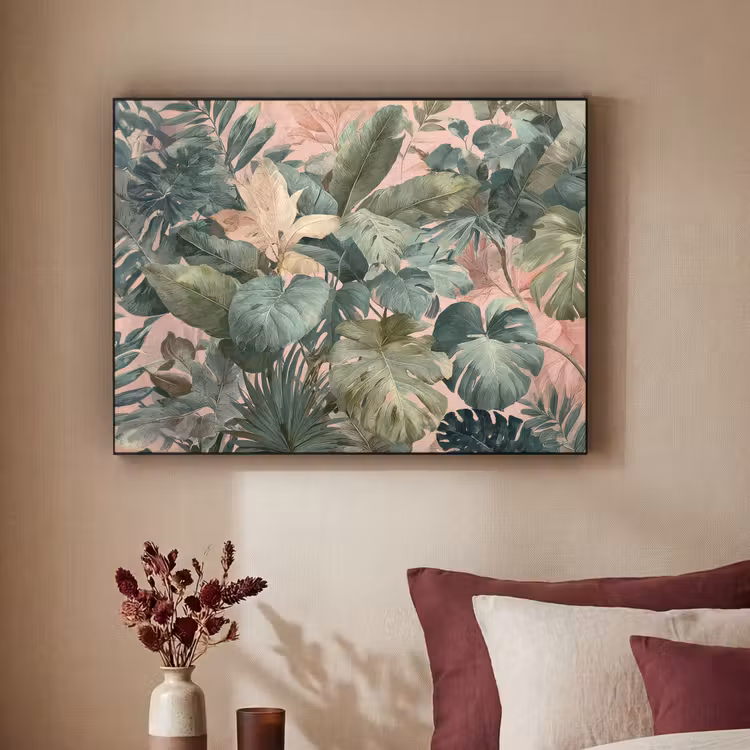 Compositie van bladeren - Groen - Roze Textielframe zwart klein -sfeer1