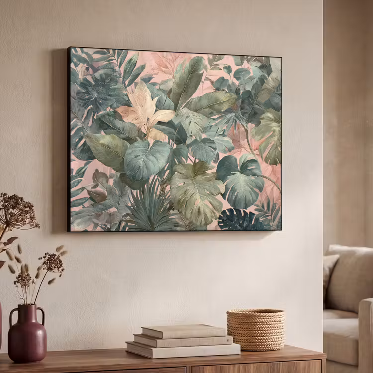 Compositie van bladeren - Groen - Roze Textielframe - compleet frame klein -sfeer3
