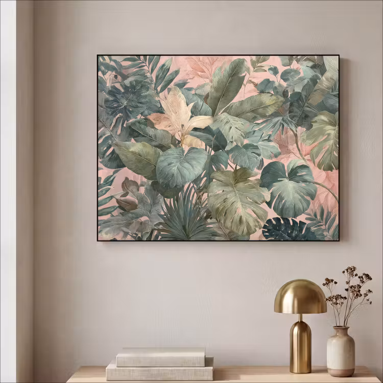 Compositie van bladeren - Groen - Roze Textielframe zwart klein -sfeer2