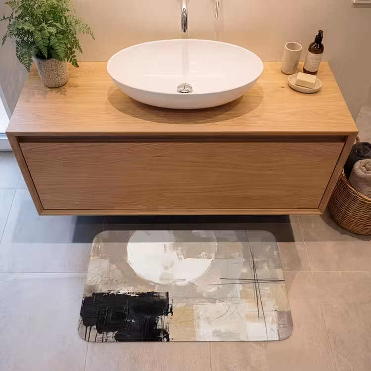 Abstract - Cirkel - Modern - Beige - Zwart - Minimalistisch Badmat middel -sfeer1