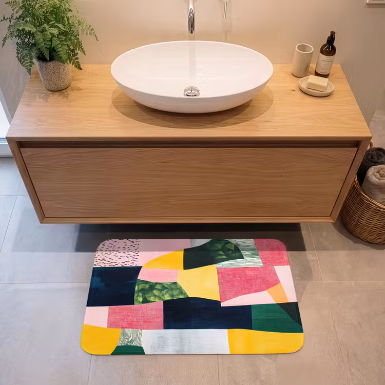 Abstract - Roze - Lappen - Vormen - Geel Badmat middel -sfeer1