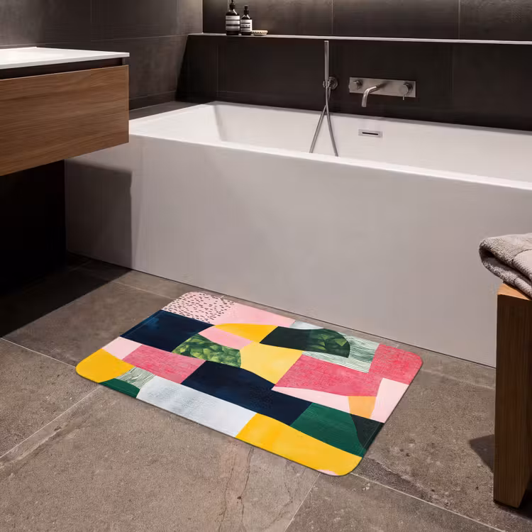 Abstract - Roze - Lappen - Vormen - Geel Badmat middel -sfeer3