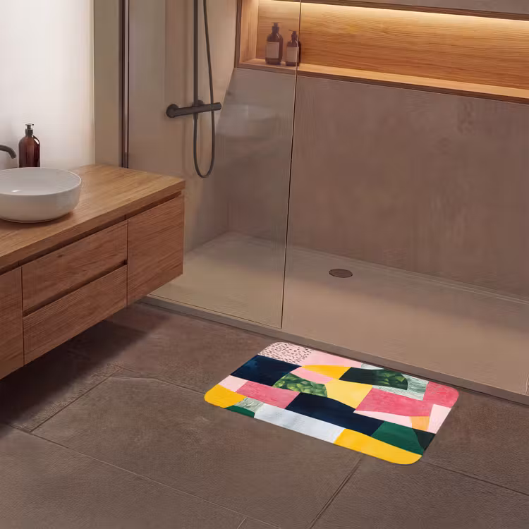 Abstract - Roze - Lappen - Vormen - Geel Badmat middel -sfeer2