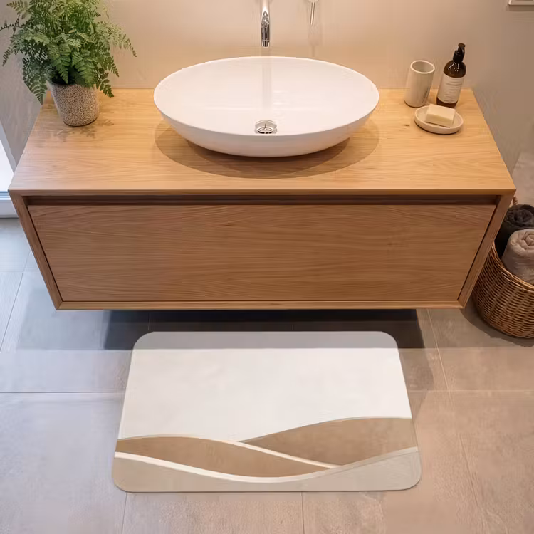 Abstract - Golven - Modern - Beige Badmat middel -sfeer1