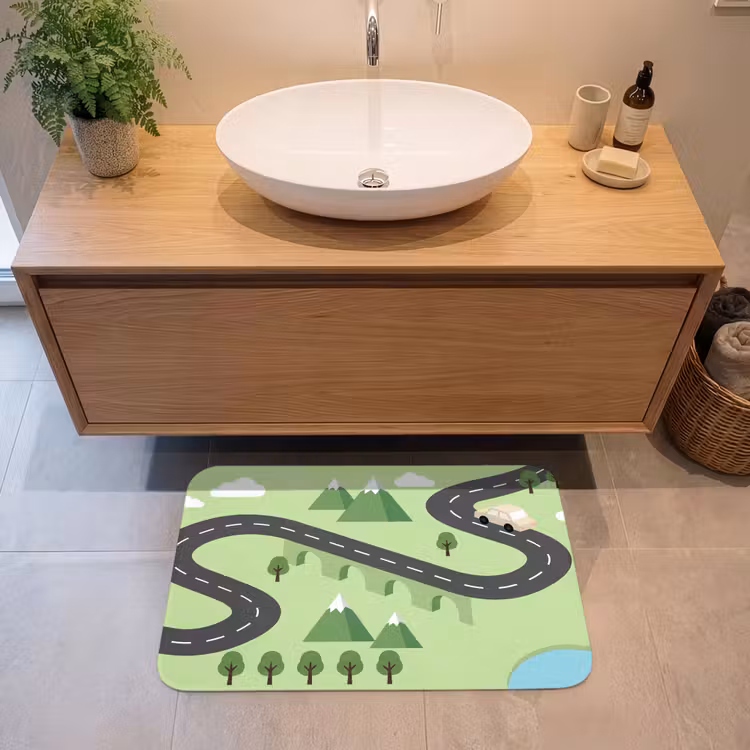 Auto - Bergweg - Natuur - Illustratie Badmat middel -sfeer1