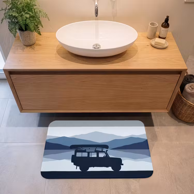 Auto - Meer - Bergen - Blauw Badmat middel -sfeer1