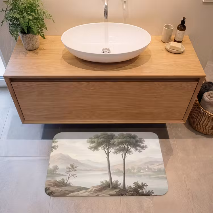 Bomen - Meer - Bergen - Illustratie Badmat middel -sfeer1