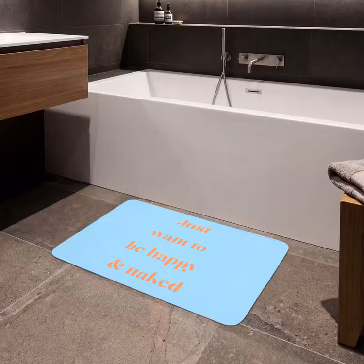 Blauw - Oranje - Just want to be happy & naked Badmat middel -sfeer3