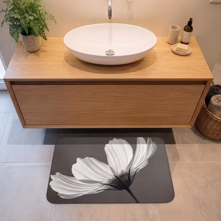 Bloem - Minimalistisch - Zwart - Wit Badmat middel -sfeer1
