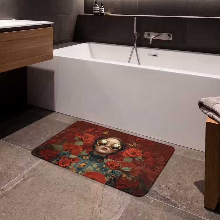 Bloemen - Dieprood - Zonnebril - Vrouw Badmat middel -sfeer3
