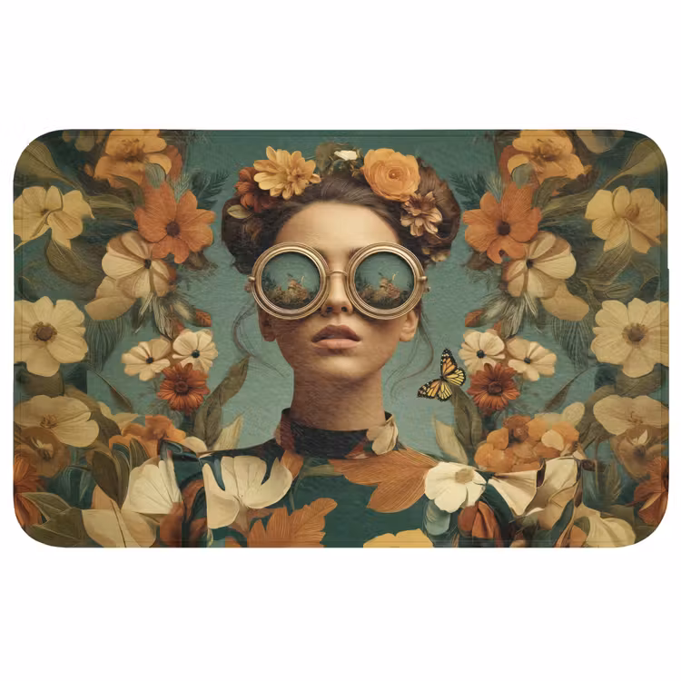 Bloemenkrans - Vrouwengezicht - Zonnebril - Oranje Badmat middel -3d