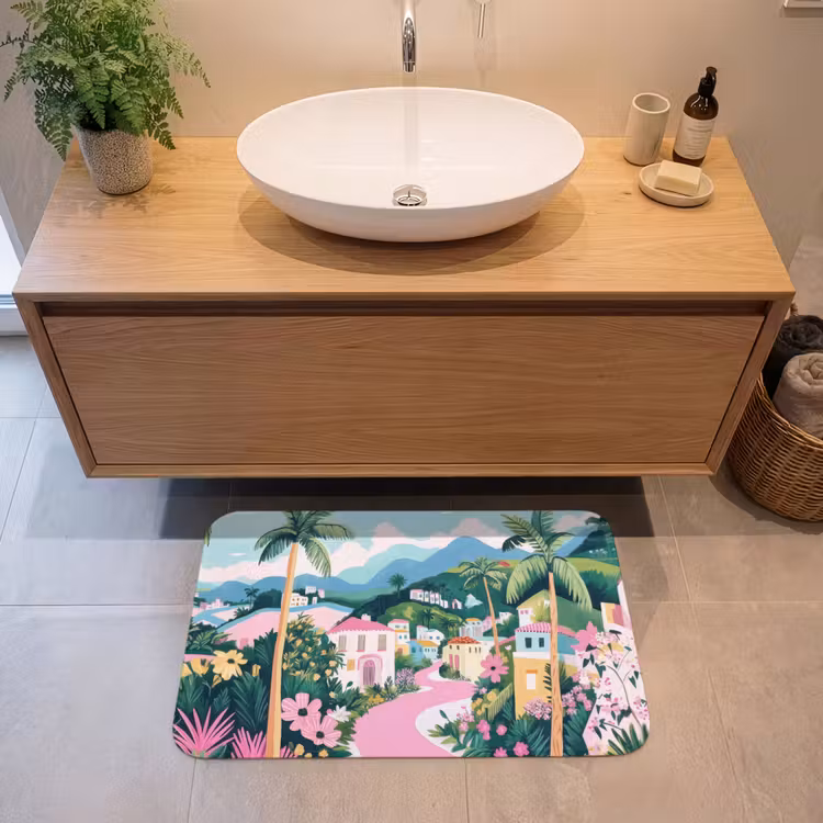 Kleurrijk - Huizen - Heuvels - Roze Badmat middel -sfeer1