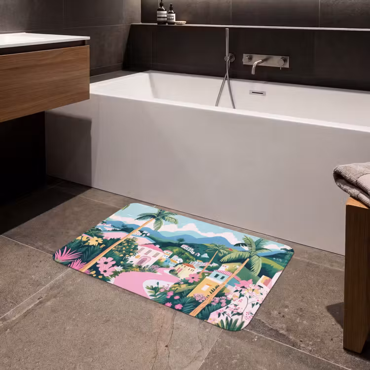 Kleurrijk - Huizen - Heuvels - Roze Badmat middel -sfeer3