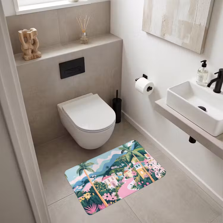 Kleurrijk - Huizen - Heuvels - Roze Badmat middel -sfeer4
