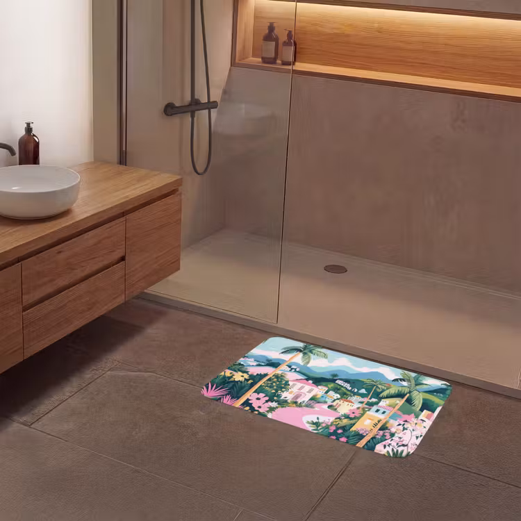 Kleurrijk - Huizen - Heuvels - Roze Badmat middel -sfeer2