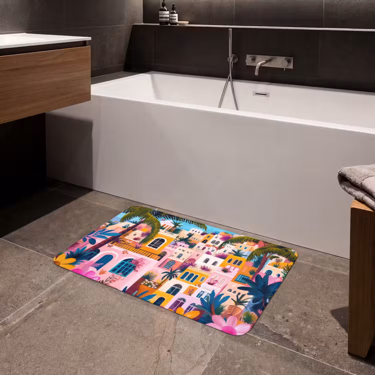 Kleurrijk - Roze - Oranje - Geel - Bloemen Badmat middel -sfeer3
