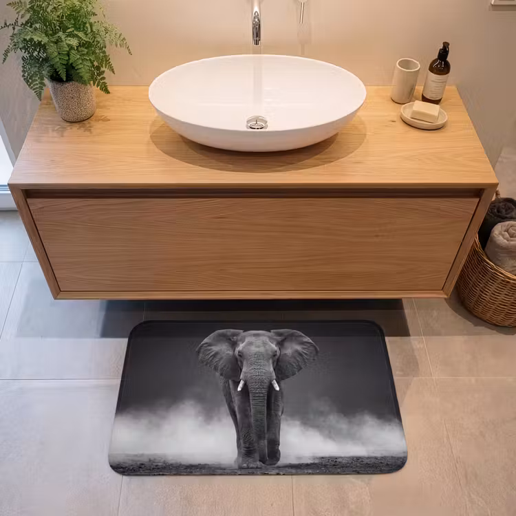 Olifant - Zwart - Wit - Rook Badmat middel -sfeer1