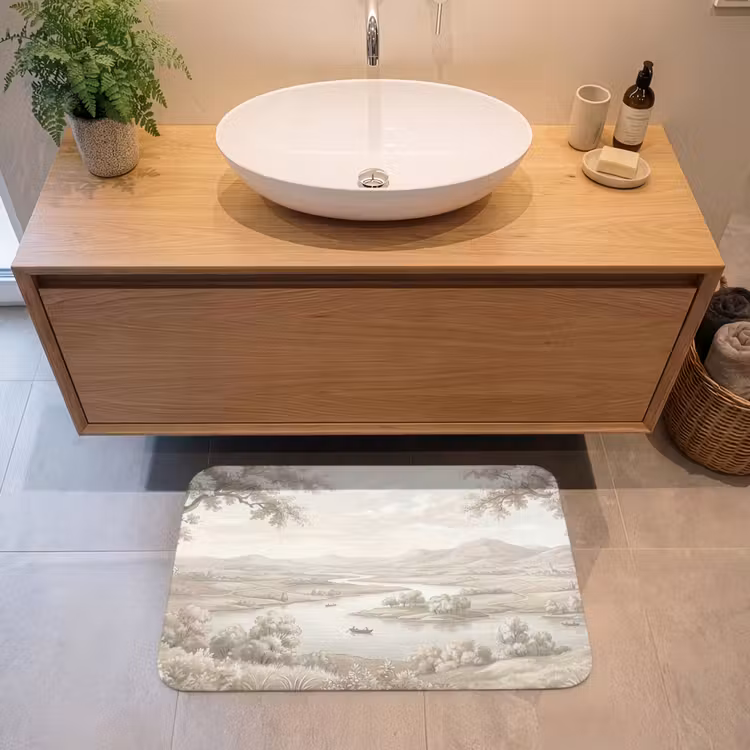 Rivierlandschap - Bergen - Natuur - Vintage - Beige Badmat middel -sfeer1