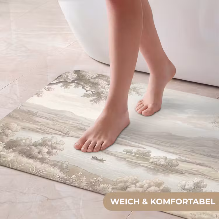 Rivierlandschap - Bergen - Natuur - Vintage - Beige Badmat middel -USP_ZachtDE
