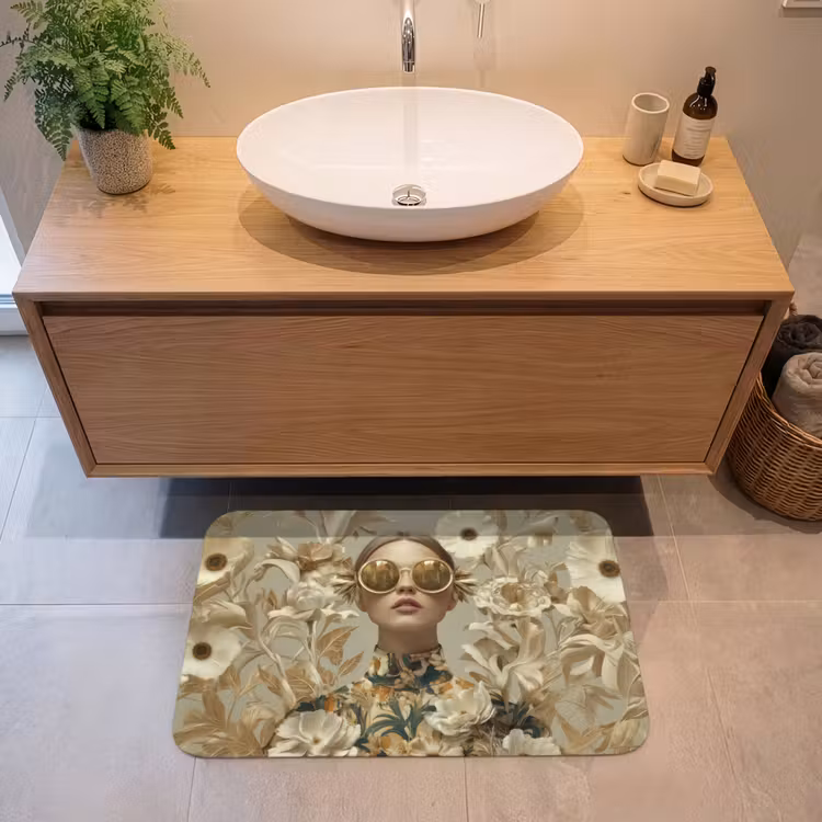 Vrouw - Bloemen - Zonnebril - Wit Badmat middel -sfeer1