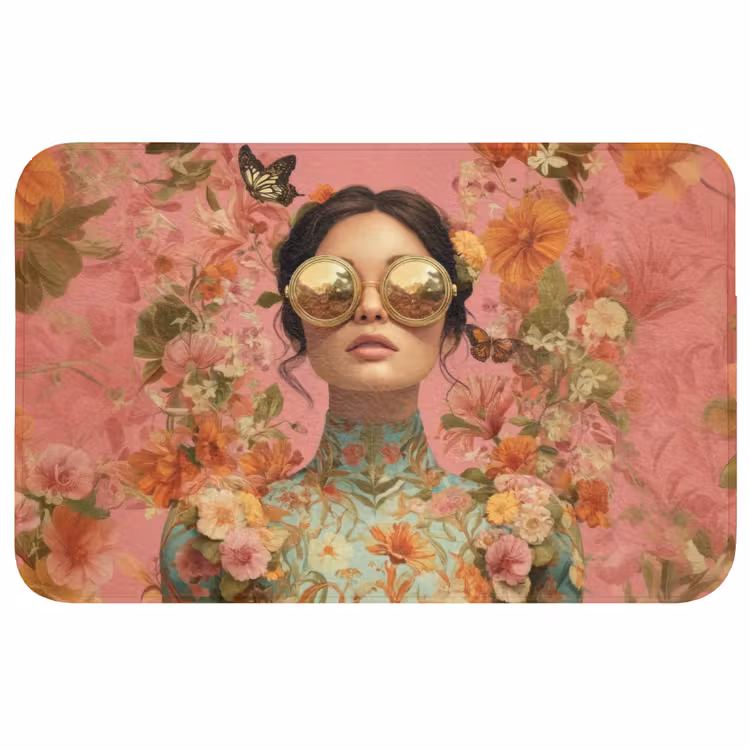 Vrouw - Bril - Roze - Bloemen Badmat middel -3d