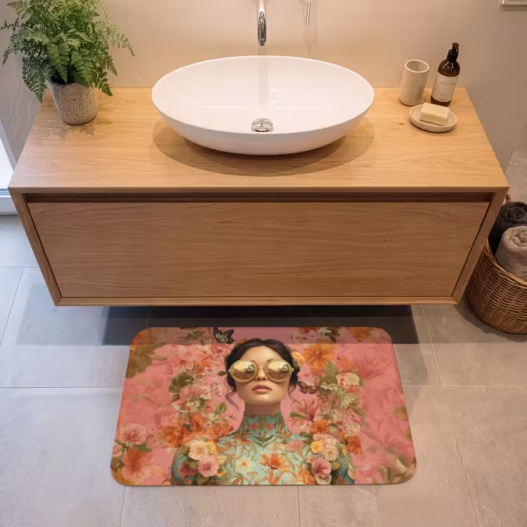 Vrouw - Bril - Roze - Bloemen Badmat middel -sfeer1
