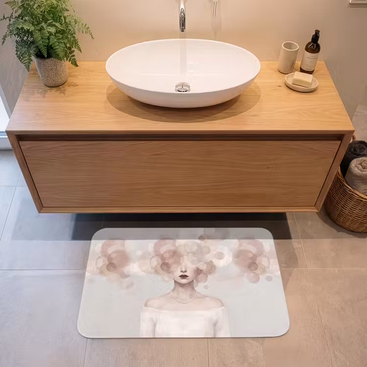 Vrouw - Cirkels - Beige Badmat middel -sfeer1
