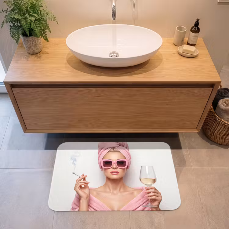 Vrouw - Roze - Wijn - Zonnebril Badmat middel -sfeer1