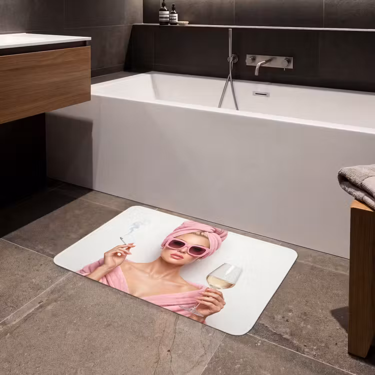 Vrouw - Roze - Wijn - Zonnebril Badmat middel -sfeer3