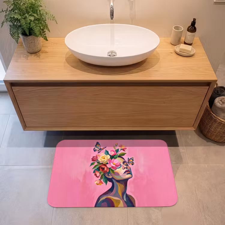 Vrouwengezicht - Vlinders - Kleurrijk Badmat middel -sfeer1