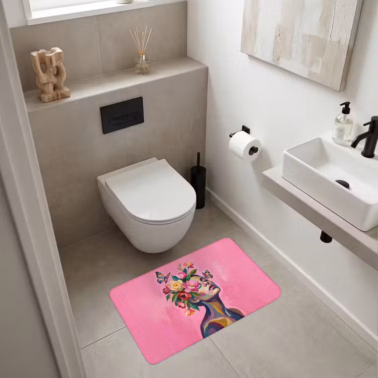 Vrouwengezicht - Vlinders - Kleurrijk Badmat middel -sfeer4