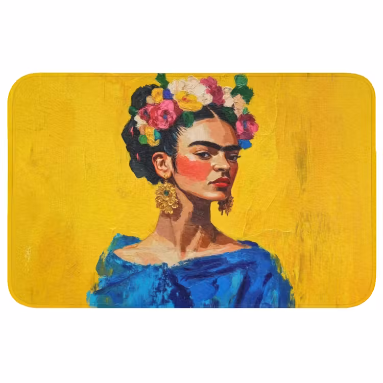 Frida Kahlo - Vrouw - Geel - Blauw - Bloemen Badmat middel -3d