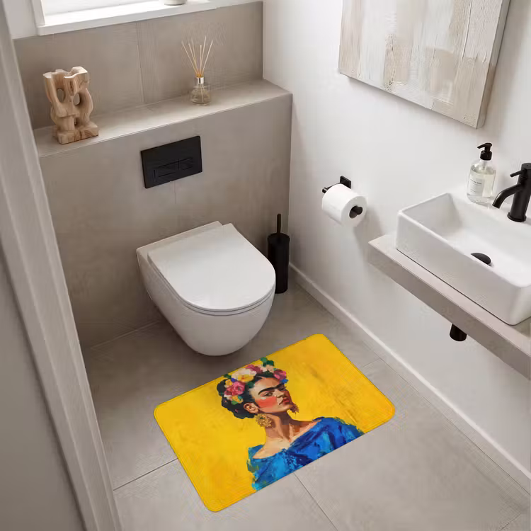 Frida Kahlo - Vrouw - Geel - Blauw - Bloemen Badmat middel -sfeer4