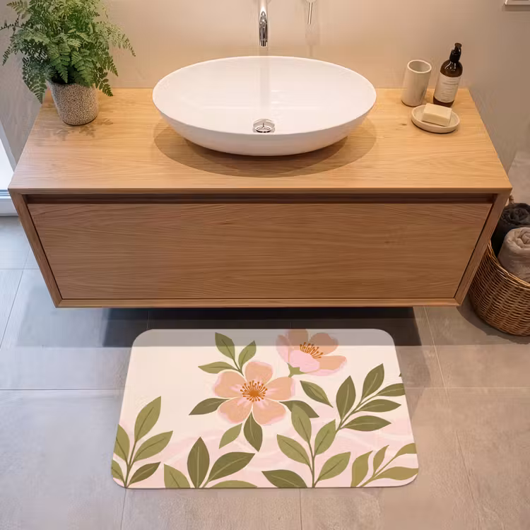 Grafisch - Bloemen - Roze Badmat middel -sfeer1