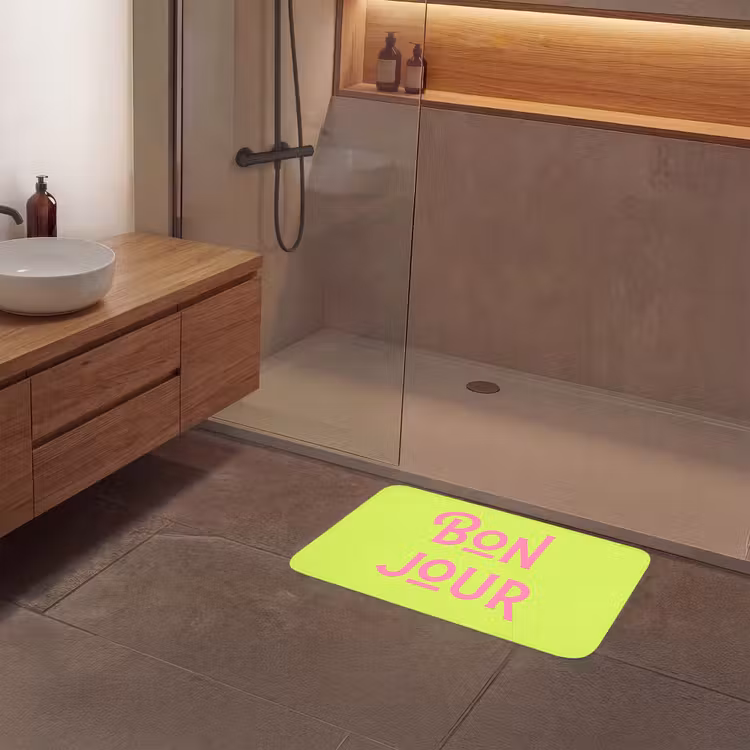 Groen - Roze bonjour - art-deco Badmat middel -sfeer2