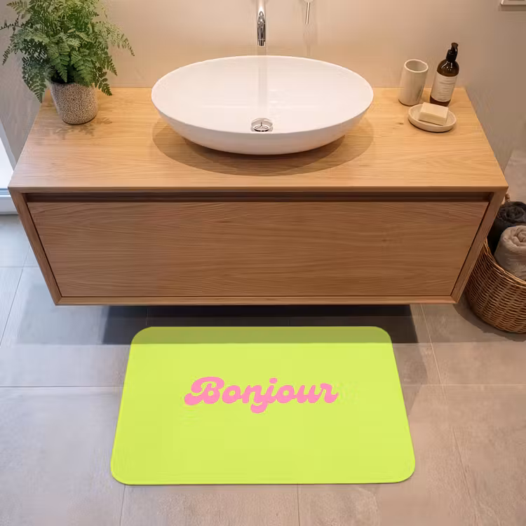 Groen - Roze bonjour - Retro Badmat middel -sfeer1
