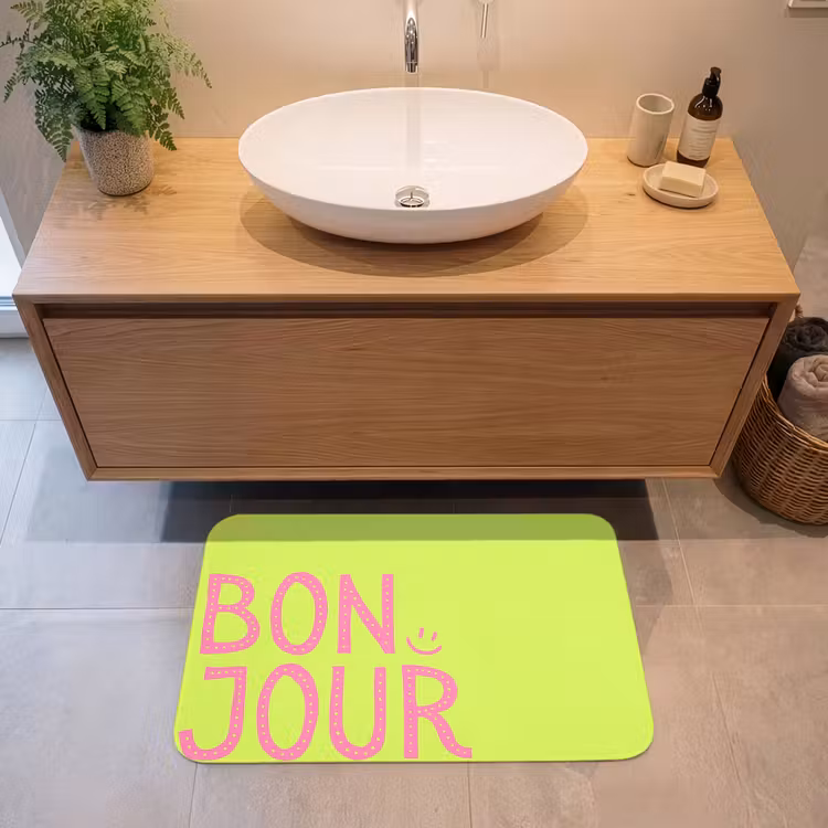 Groen - Smiley - Bonjour - Roze Badmat middel -sfeer1