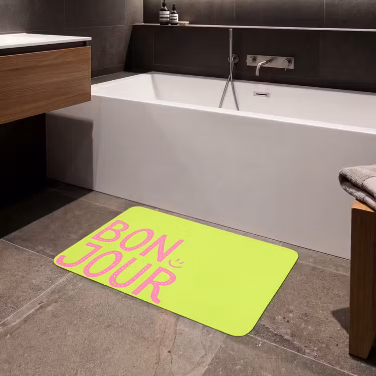 Groen - Smiley - Bonjour - Roze Badmat middel -sfeer3