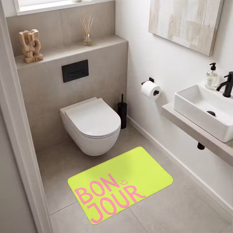 Groen - Smiley - Bonjour - Roze Badmat middel -sfeer4
