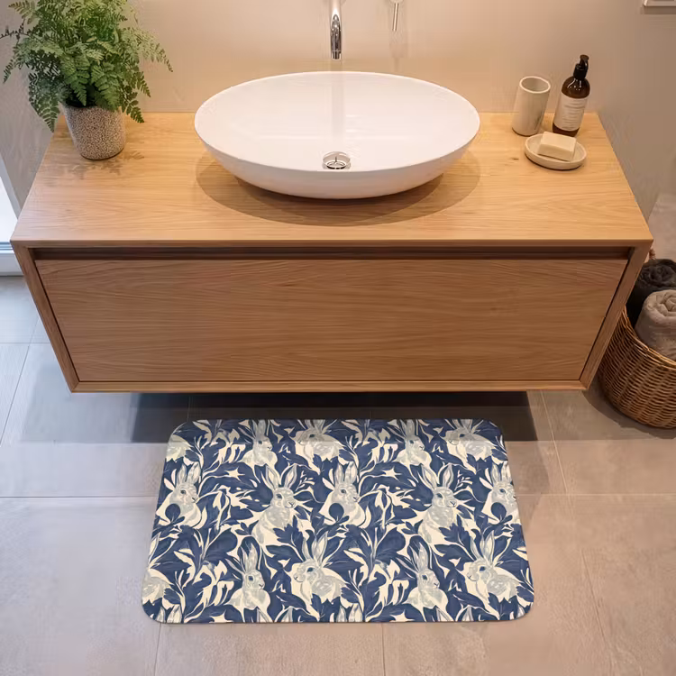 Hazen - Bladeren - Patroon - Blauw - Beige Badmat middel 997 -sfeer1