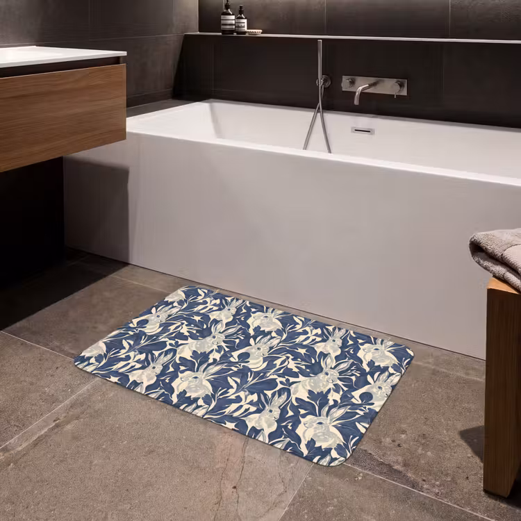 Hazen - Bladeren - Patroon - Blauw - Beige Badmat middel 997 -sfeer3