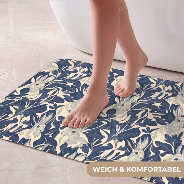 Hazen - Bladeren - Patroon - Blauw - Beige Badmat middel 997 -USP_ZachtDE