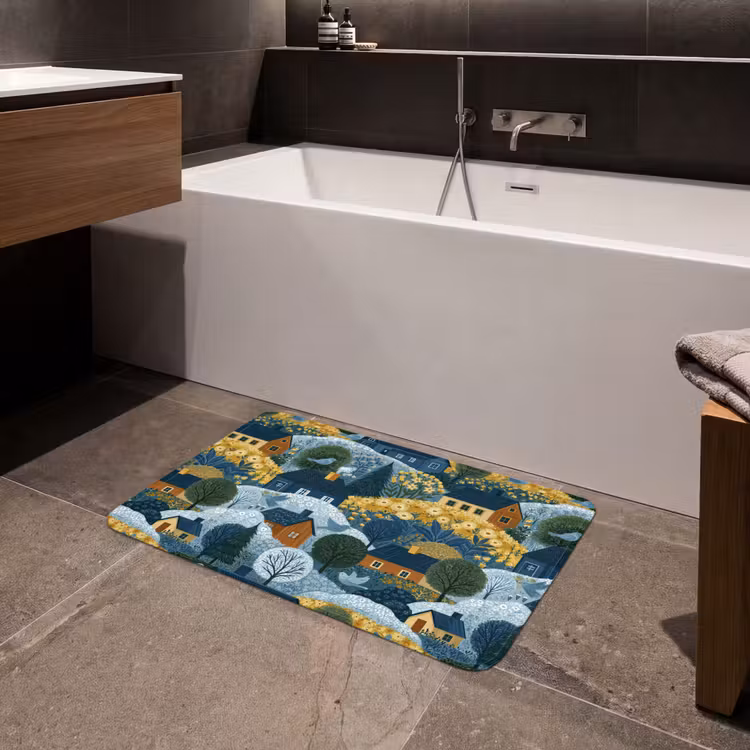 Huisjes - Bloemen - Patroon - Geel - Blauw Badmat middel 997 -sfeer3