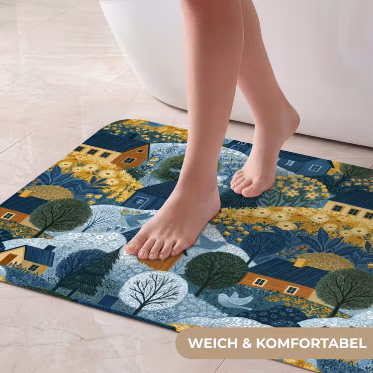 Huisjes - Bloemen - Patroon - Geel - Blauw Badmat middel 997 -USP_ZachtDE