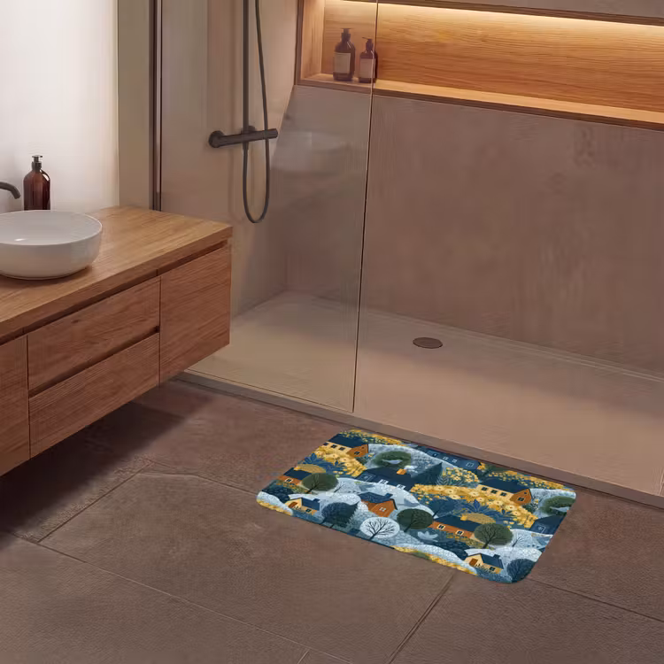 Huisjes - Bloemen - Patroon - Geel - Blauw Badmat middel 997 -sfeer2