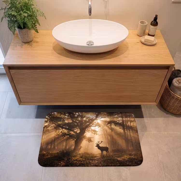Hert - Bos - Mistig - Natuur - Goud Badmat middel -sfeer1