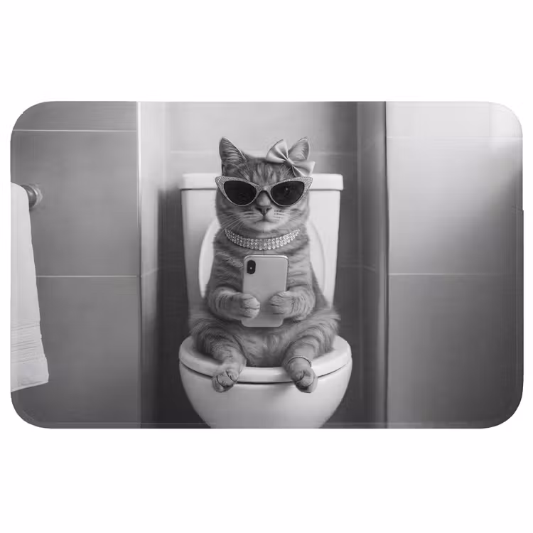 Kat - Telefoon - Toilet - Zwart - Wit Badmat middel -3d